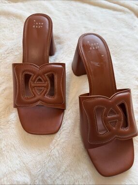 a new day Cognac Brown Cutout Leather Block Heel Mules